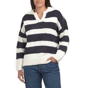 IN FEBRUARY NAVY/MULTI Mixed Media Stripe V-neck Teddy Bear Sweater